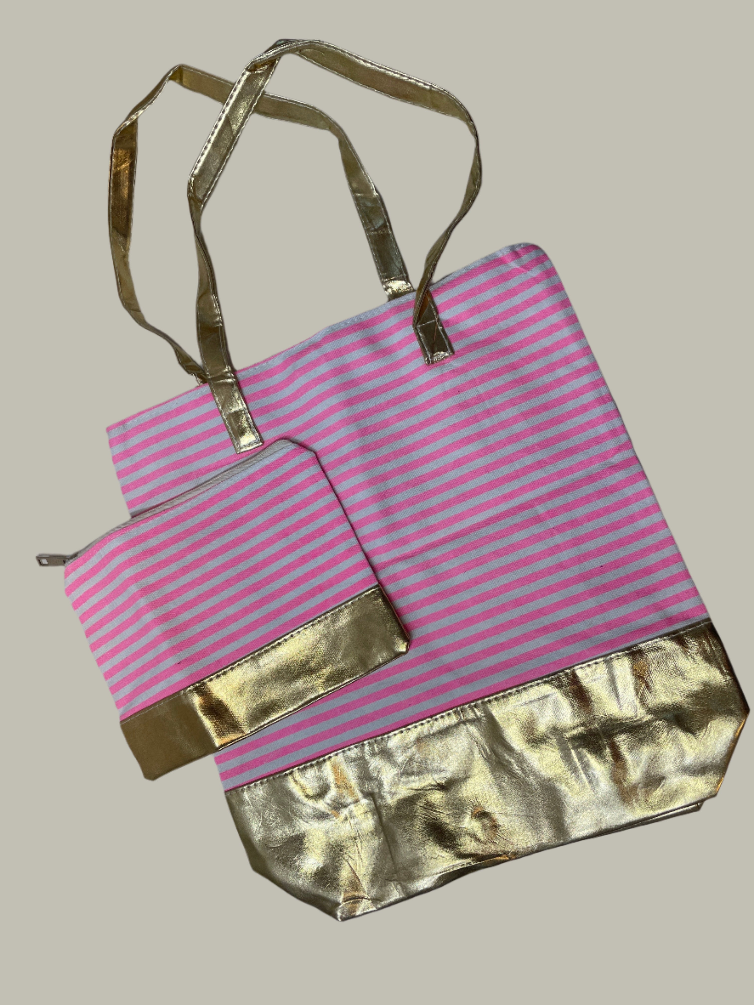 Pink Striped Bag with Accessory Pouch