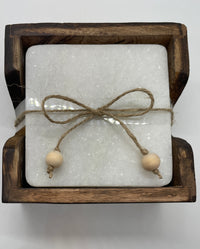 Set of 4 Marble Coasters with Mango Wood Holder
