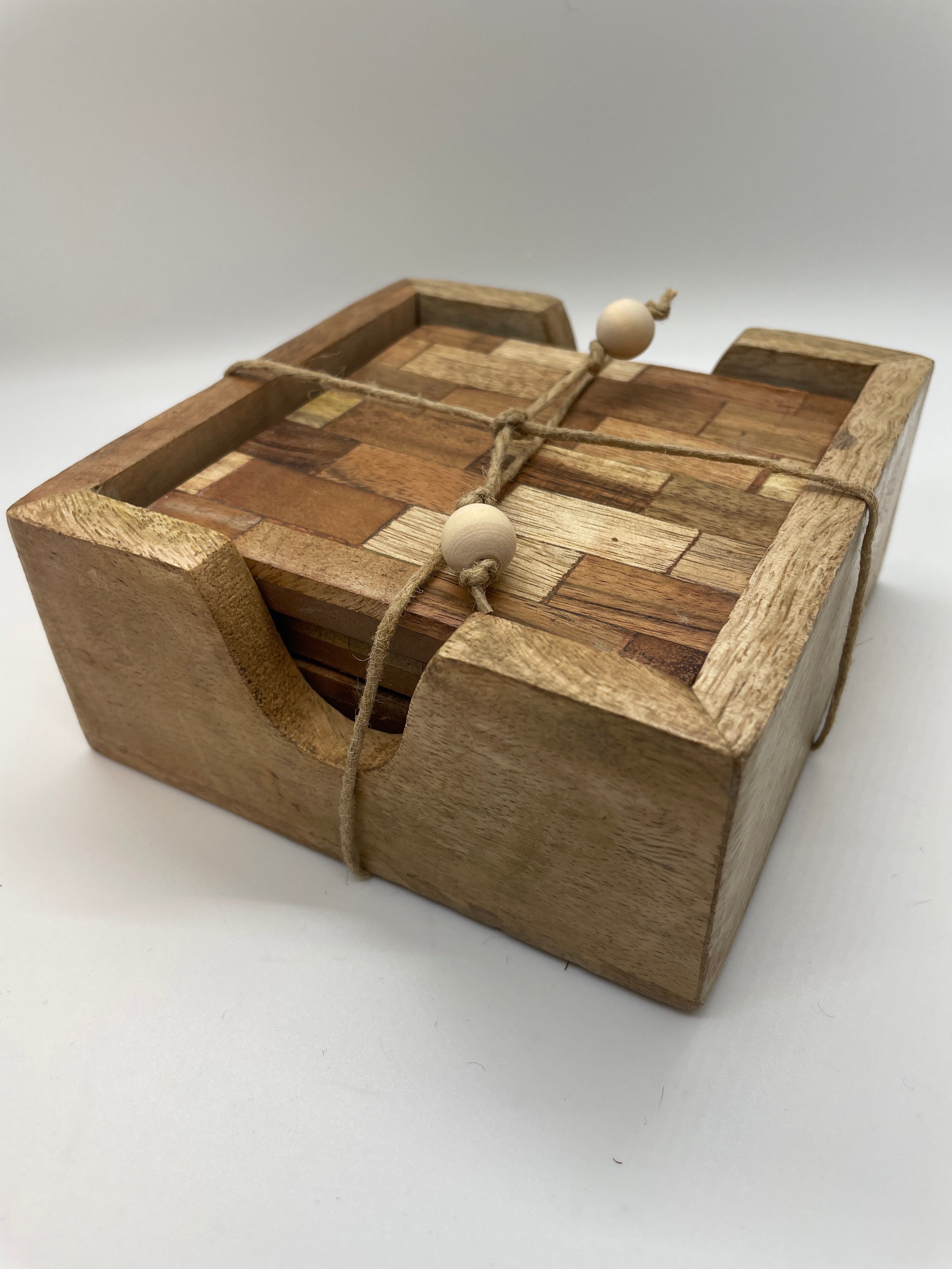Set of 4 Inlaid Wood Coasters with Holder