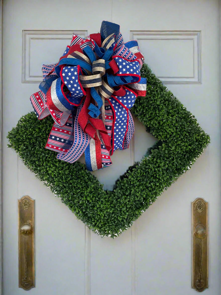 Faux Boxwood Patriotic Wreath