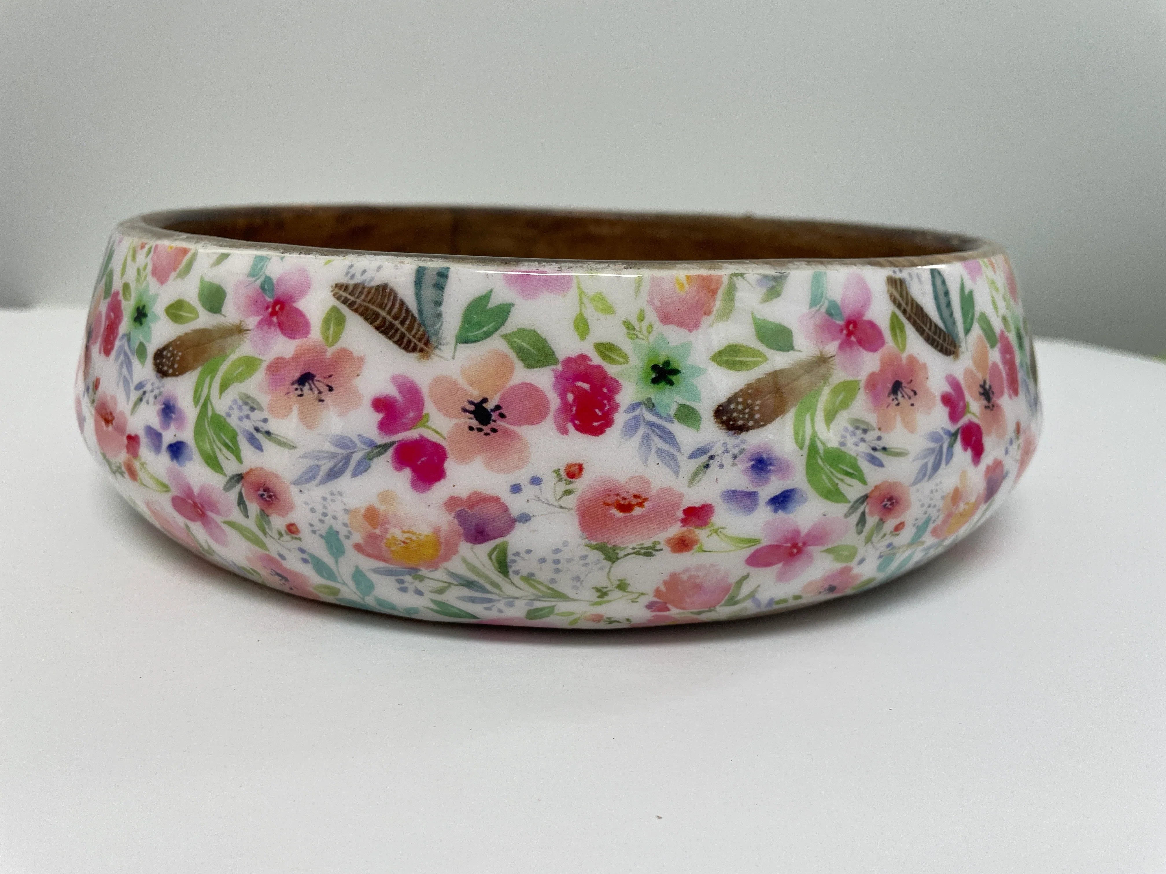 Wooden Bowl with Floral Accents