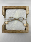 Set of 4 Marble Coasters in Light Wood Holder