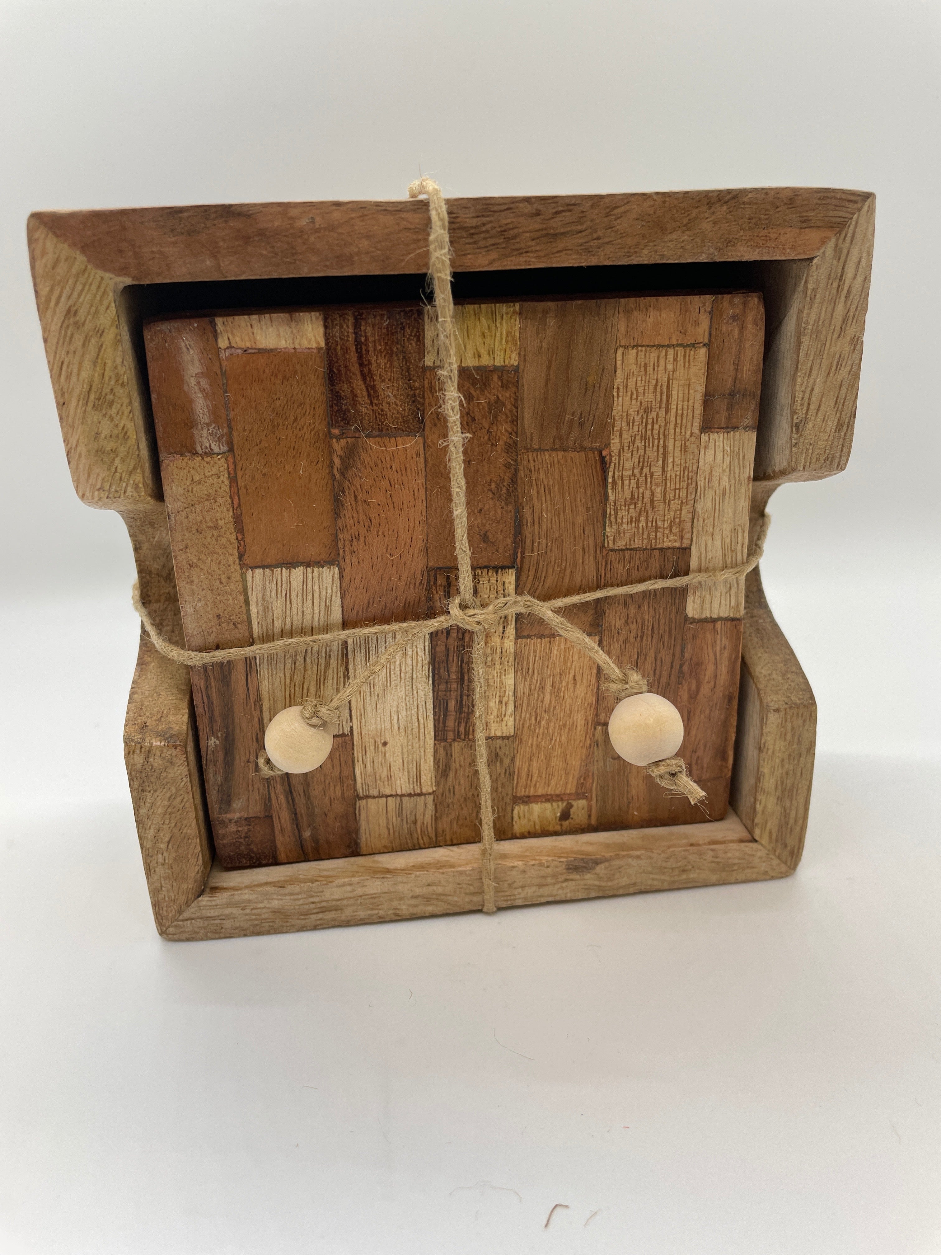 Set of 4 Inlaid Wood Coasters with Holder