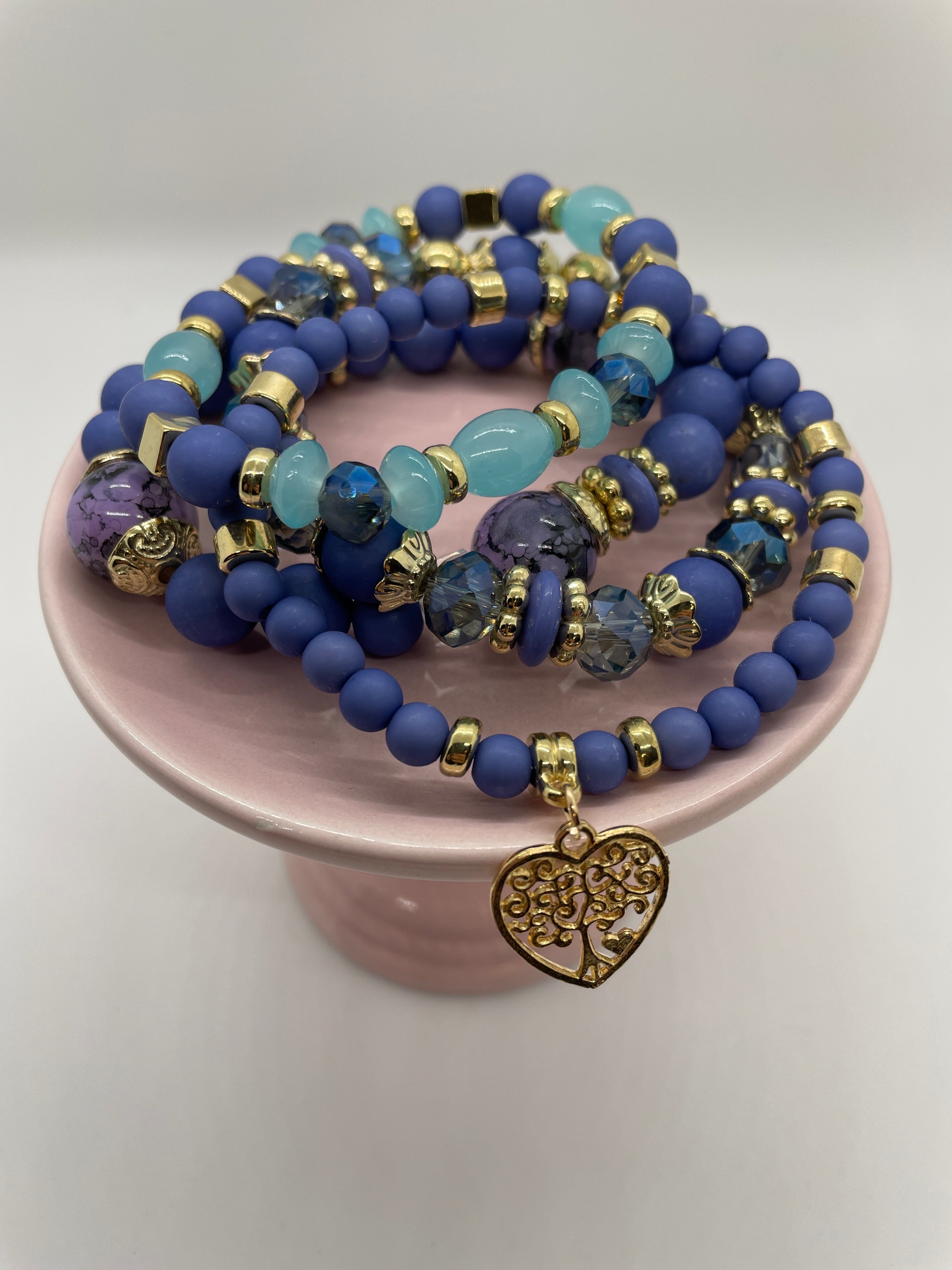 Blue/Purple Mixed-Bead Bracelet Set of 4