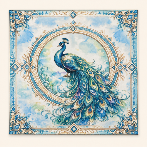 Mahjong Mat-Teal Peacock Oil Painting