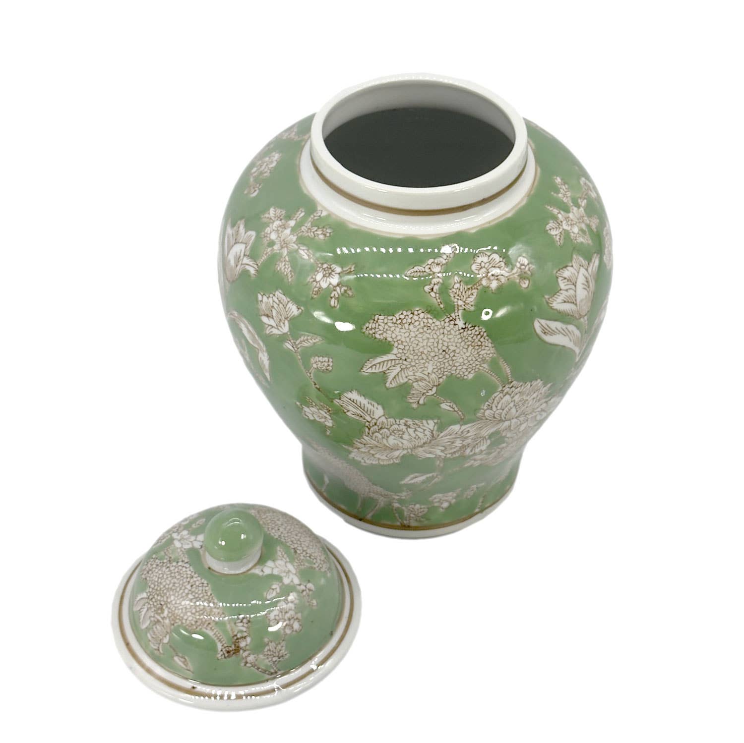 Green & White  Floral Peony Chinoiserie Jar 12"