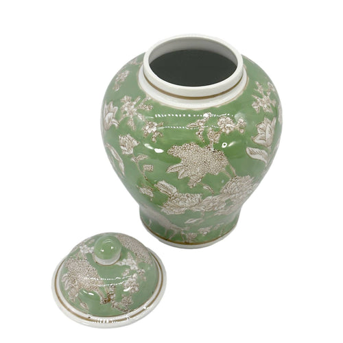Green & White  Floral Peony Chinoiserie Jar 12"
