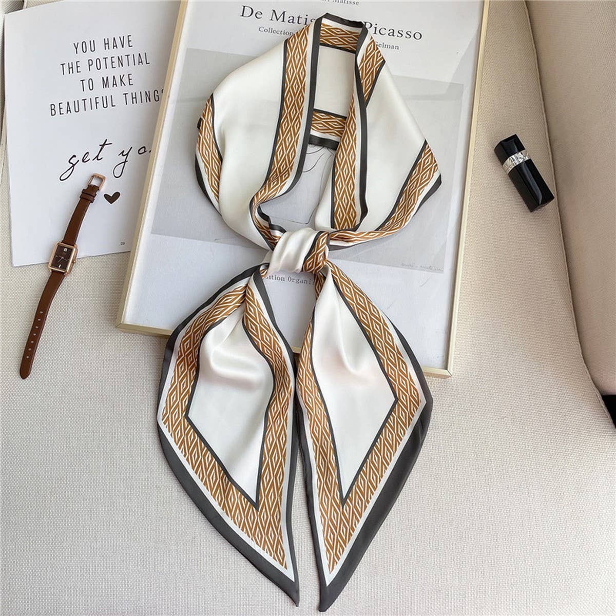 THIN SIMPLE GEOMETRIC LONG SILK HEAD SCARF_CWASC1521