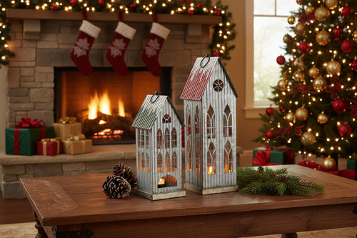S/2 Metal Holiday Houses w/ Tea Light Holders