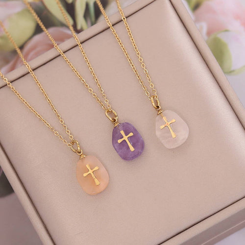 WOMEN NATURAL STONE CROSS NECKLACE_CWAJE0630