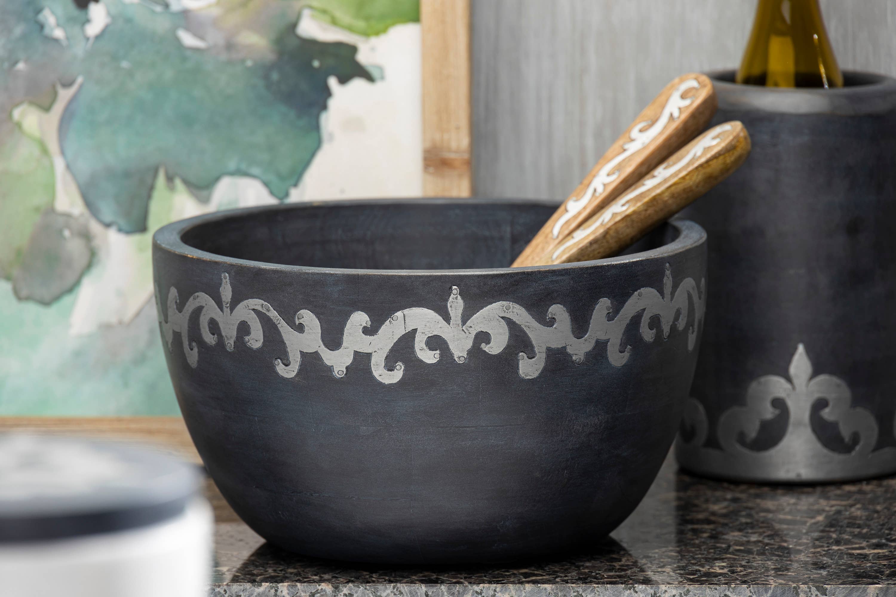 Black Washed Wood/Metal Inlay Tall Bowl