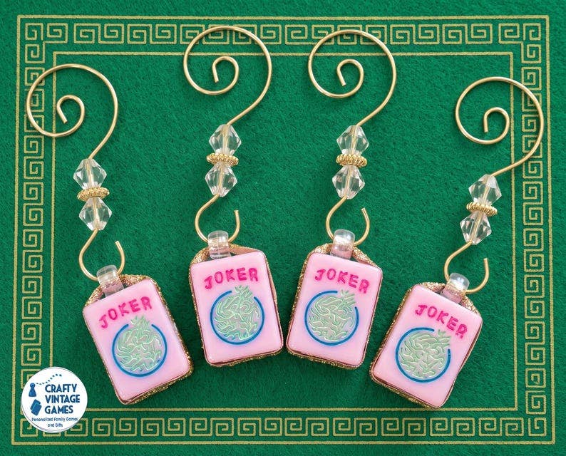 Pink Mahjong Joker Ornaments, Mahj Christmas Set of 4, Authentic Mahjong Tile, Mahjong Lover Christmas Gift for her, club ornament exchange
