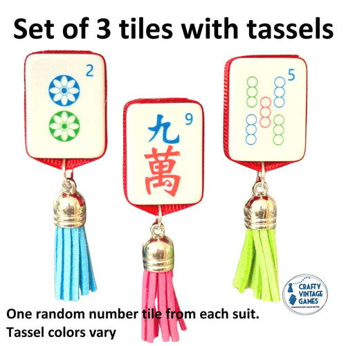 Upcycled Mahjong Tile Magnets Set of 3, Festive Tassel Bead