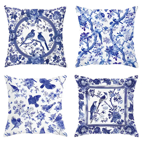 Blue and White Bird/Floral Pillow Covers