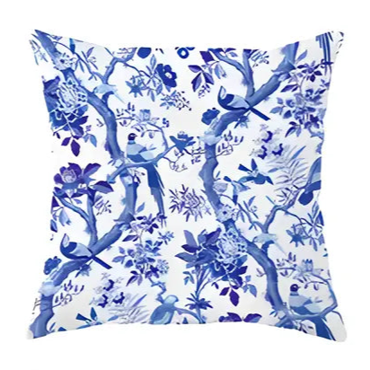 Blue and White Bird/Floral Pillow Covers
