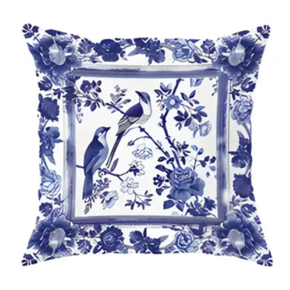 Blue and White Bird/Floral Pillow Covers