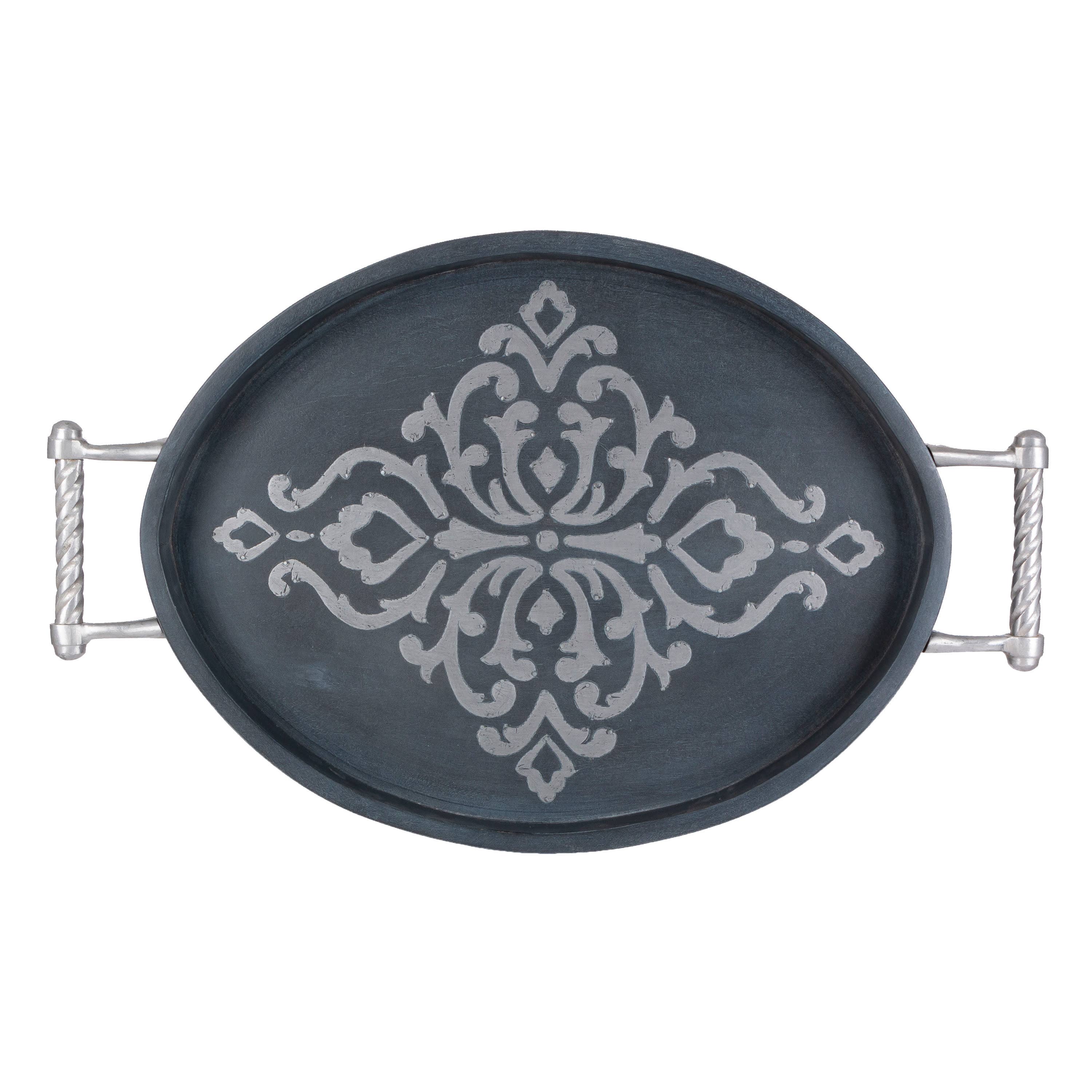 Last Call BW wd/inly Oval Tray w/handles