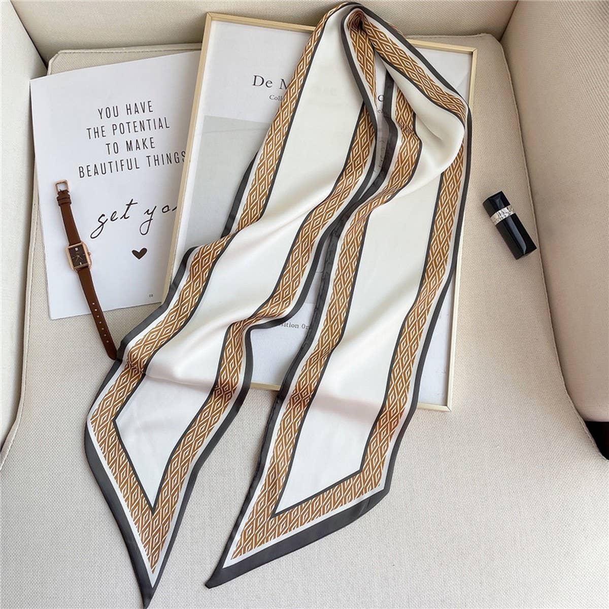 THIN SIMPLE GEOMETRIC LONG SILK HEAD SCARF_CWASC1521