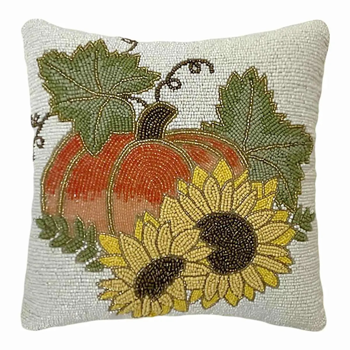 Sunflowers and Pumpkin Beaded Throw Pillow