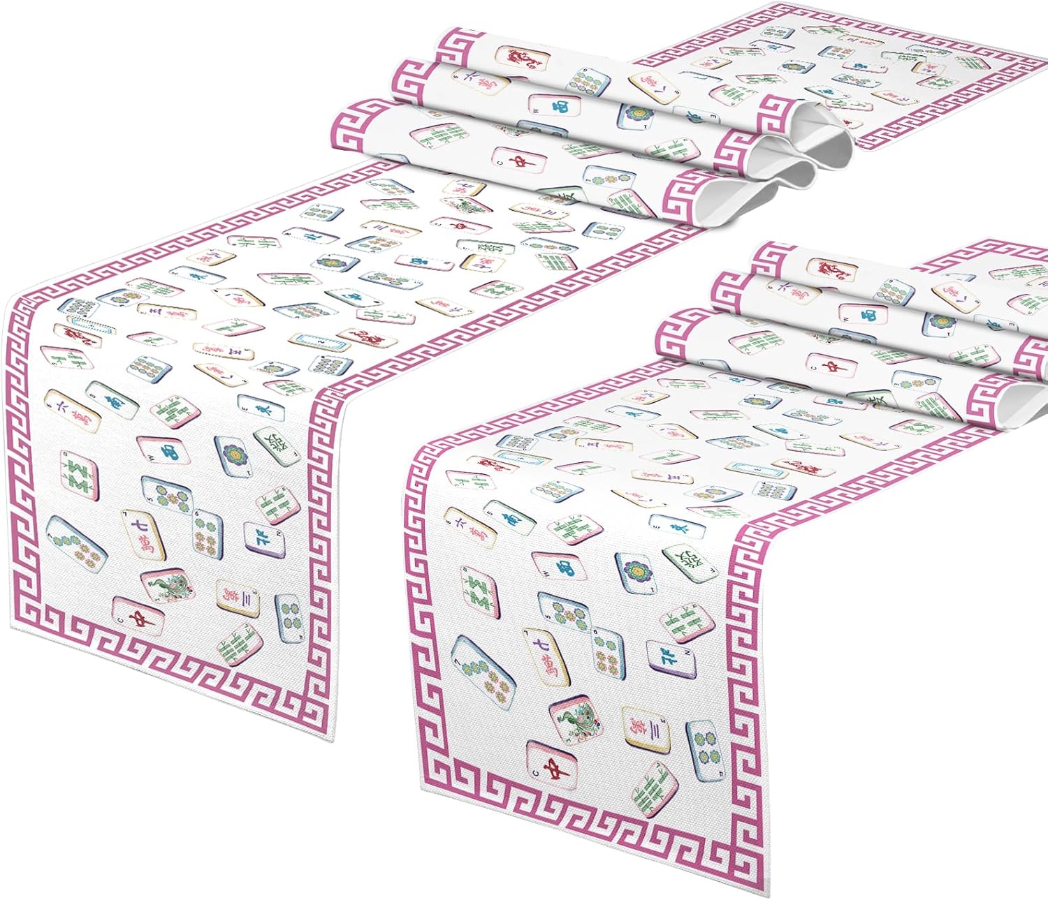 Mahjong Table Runner - Pink Egyptian Key Trim